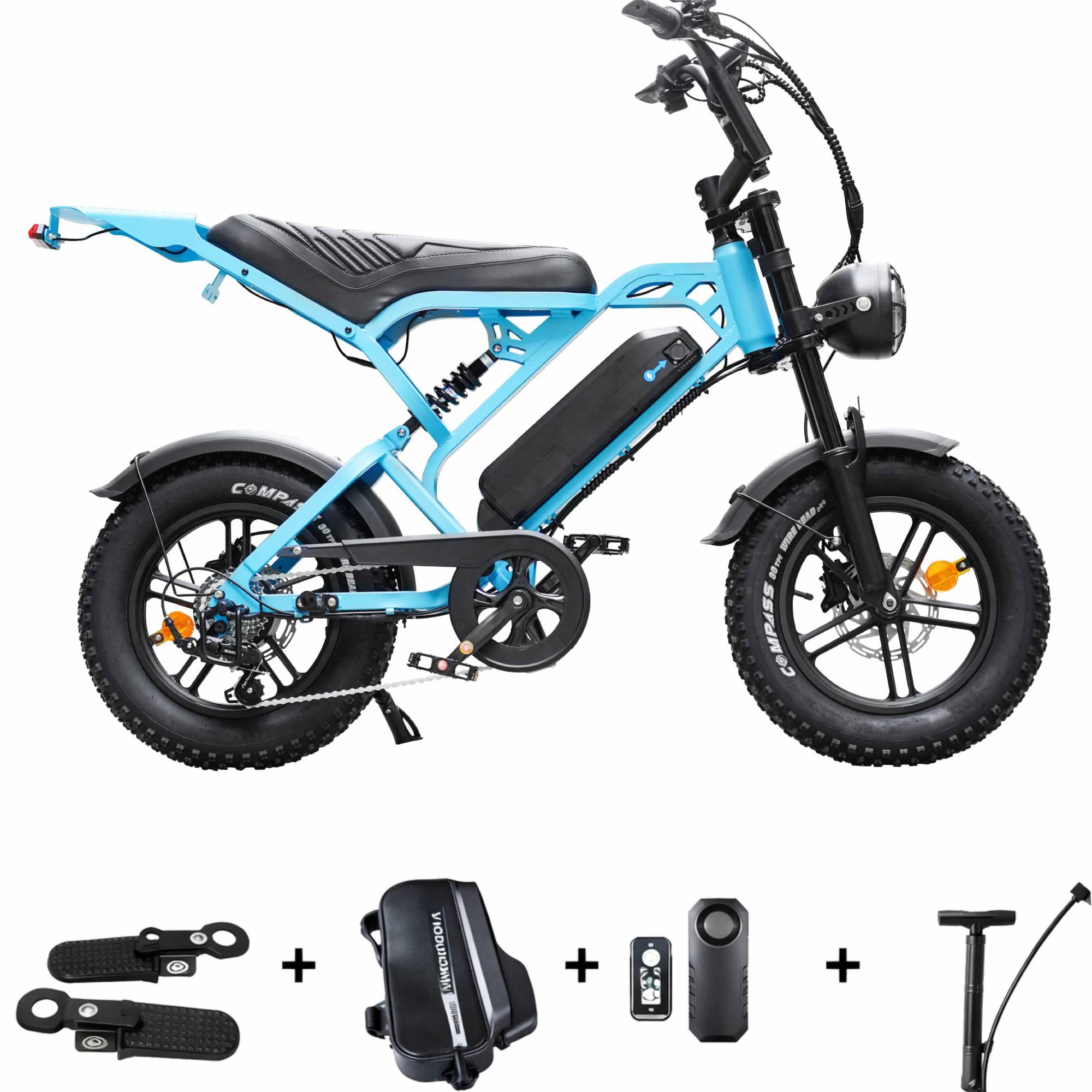 QmWheel V20 Mini Fatbike in licht blauw met accessoireset